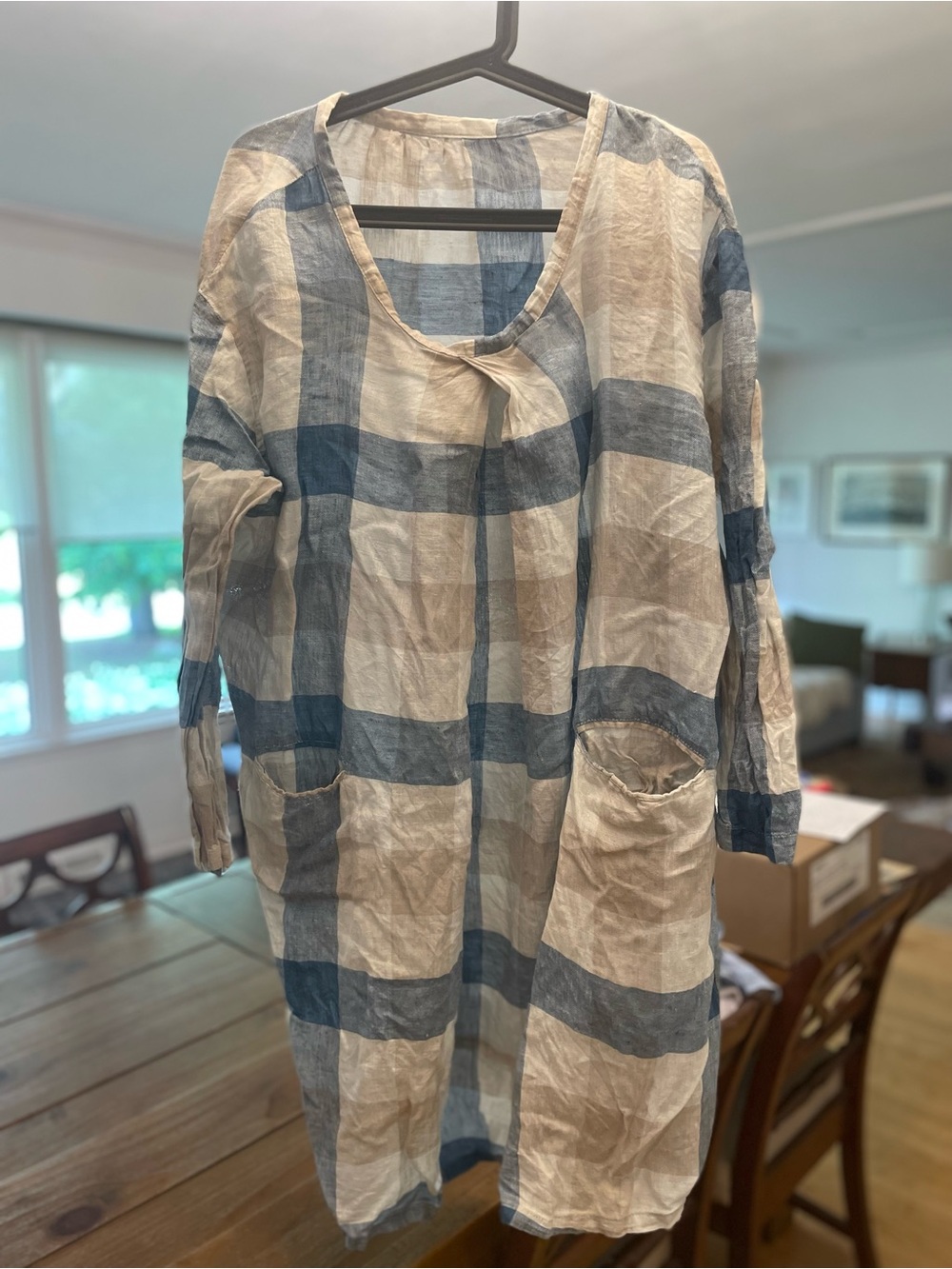 Blue and Cream Plaid Linen Tunic Dress